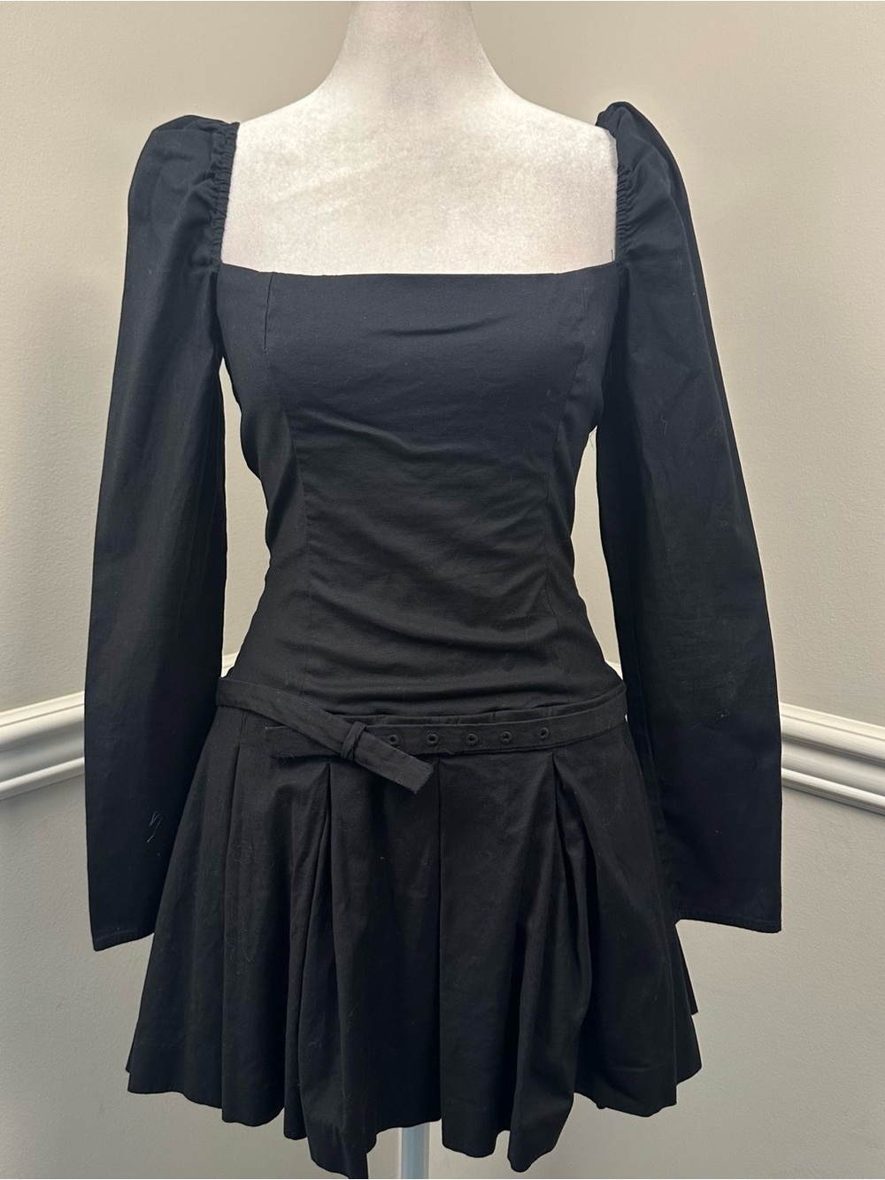 Reformation Black Square-Neck Long Sleeve Mini Dress with Belted Waist 2